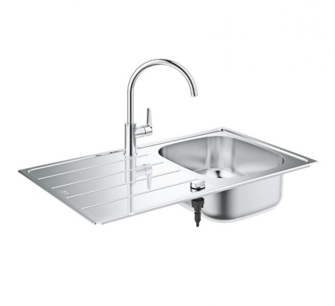 Grohe K200 k&oslash;kkenvask i rustfrit st&aring;l inkl. Bau Edge k&oslash;kkenarmatur i krom
