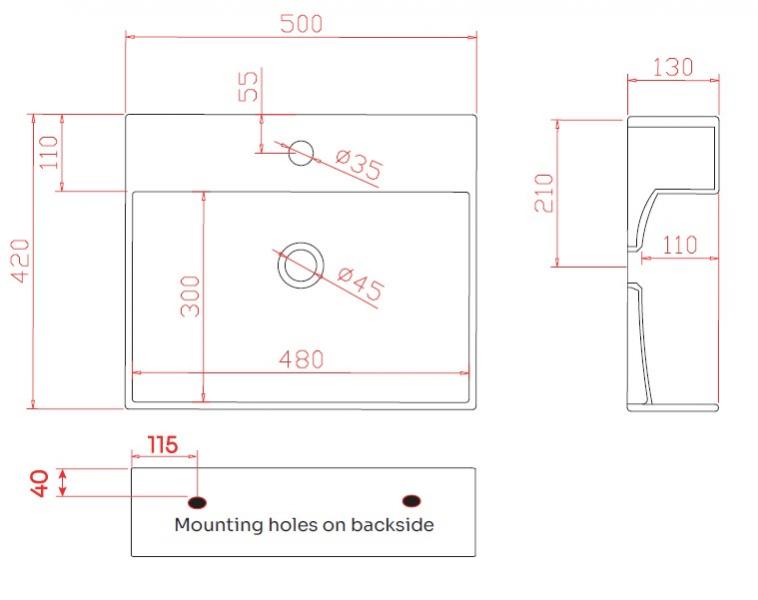 Lavabo Boxo 50 h&aring;ndvask t/v&aelig;g eller bord - 1 hanehul