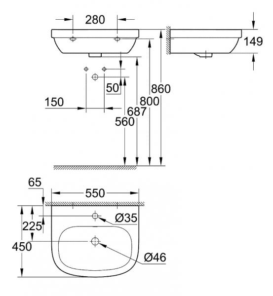 Grohe Euro 55 håndvask t/væg - 1 hanehul Grohe Euro 55 håndvask t/væg - 1 hanehul