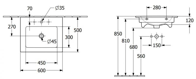 V&B Venticello 60 h&aring;ndvask t/v&aelig;g - 1/3 hanehuller