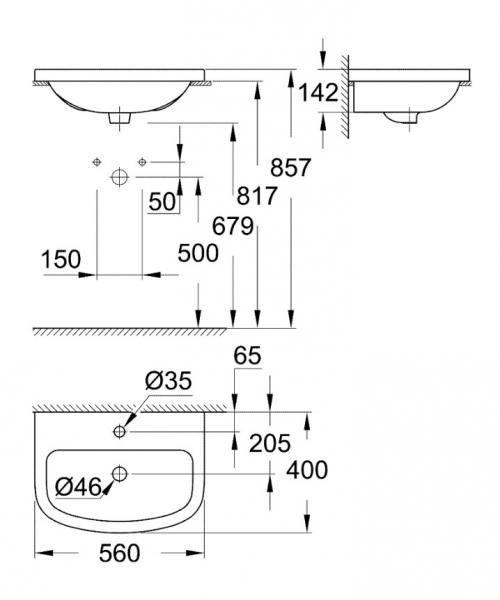 Grohe Bau 55 h&aring;ndvask t/nedf&aelig;ldning - 1 hanehul