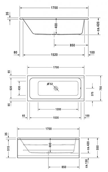 Duravit D-Code badekar t/indbygning - 170 x 75 - Afl&oslash;b i midten - 1 rygl&aelig;n