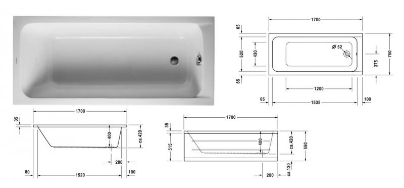 Duravit D-Code badekar t/indbygning - 170 x 75 - 1 rygl&aelig;n