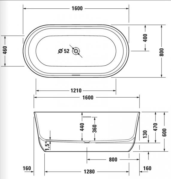 Duravit Soleil by Starck fritst&aring;ende badekar 1600 x 800mm - Hvid