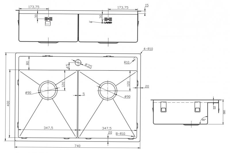 Lavabo Kubus 742 Soft Slim dobbelt k&oslash;kkenvask