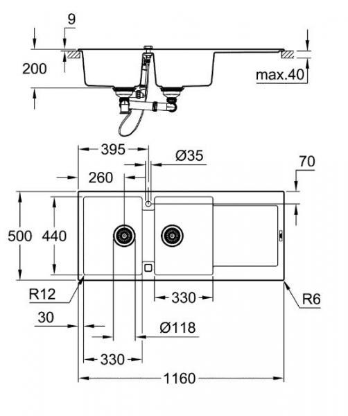 Grohe K500 80-C dobbelt k&oslash;kkenvask m/afl&oslash;bsbakke - Sort granit