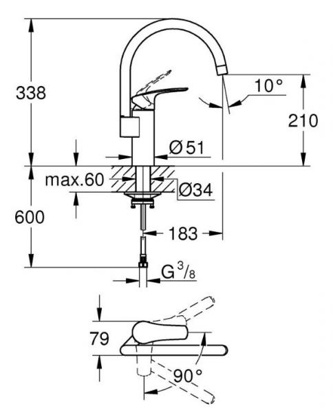 Grohe Eurosmart k&oslash;kkenarmatur m/koldstart - Krom