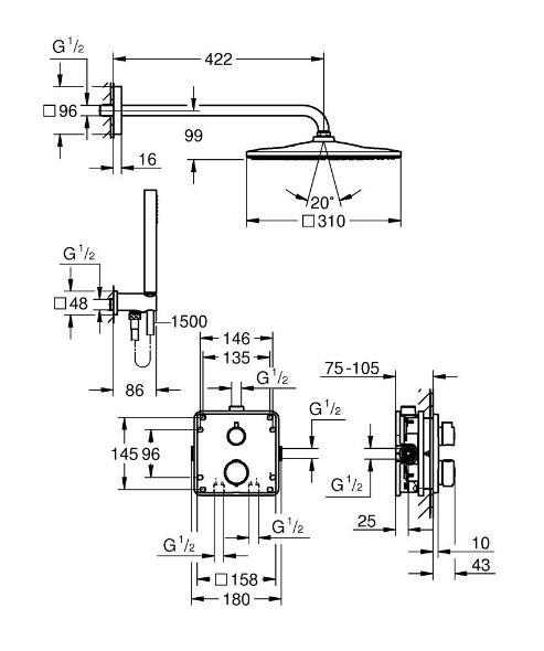 Grohe Precision Cube 310 komplet brusesystem til indbygning - Krom