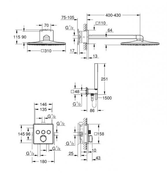 Grohe Precision SmartControl 310 komplet brusesystem til indbygning - Firkantet