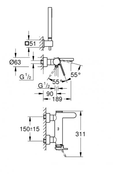 Grohe Plus badekararmatur inkl. h&aring;ndbruser og holder - Krom