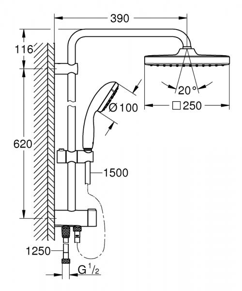 Grohe Vitalio Start System 250 Cube brusesystem m/omskifter - Krom Grohe Vitalio Start System 250 Cube brusesystem m/omskifter - Krom