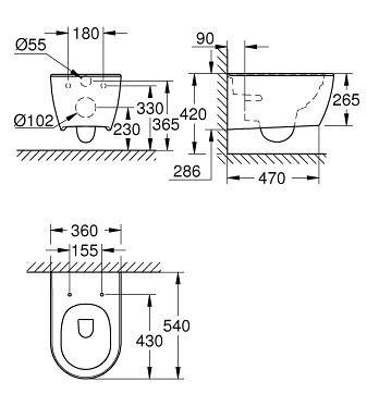 Grohe Essence Rimless toiletpakke inkl. s&aelig;de m/soft-close, mellem cisterne og mat sort betjening