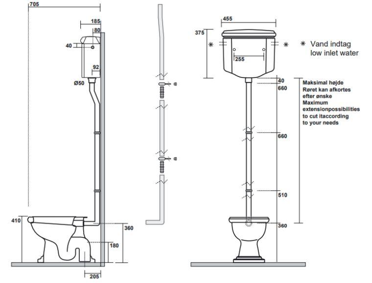 Lavabo Retro HIGH toilet med messing r&oslash;r og S-l&aring;s - Blank hvid