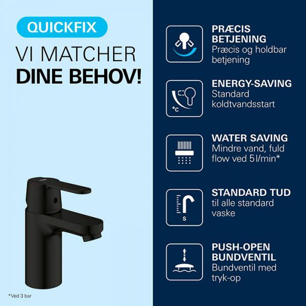 Grohe Get S h&aring;ndvaskarmatur Eco m/Koldstart og push-open bundventil - Mat sort