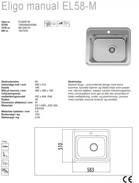 Outlet - Intra Eligo manual EL58-M køkkenvask - Rustfrit stål - 1 stk. tilbage Outlet - Intra Eligo manual EL58-M køkkenvask - Rustfrit stål - 1 stk. tilbage