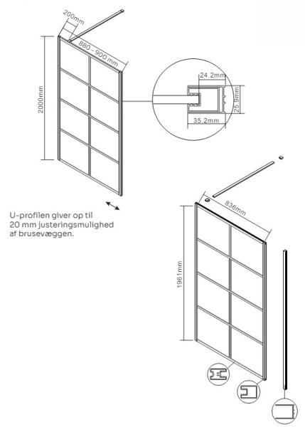 Lavabo Walk In fast brusev&aelig;g - Klar glas/Mat sort - 90 cm